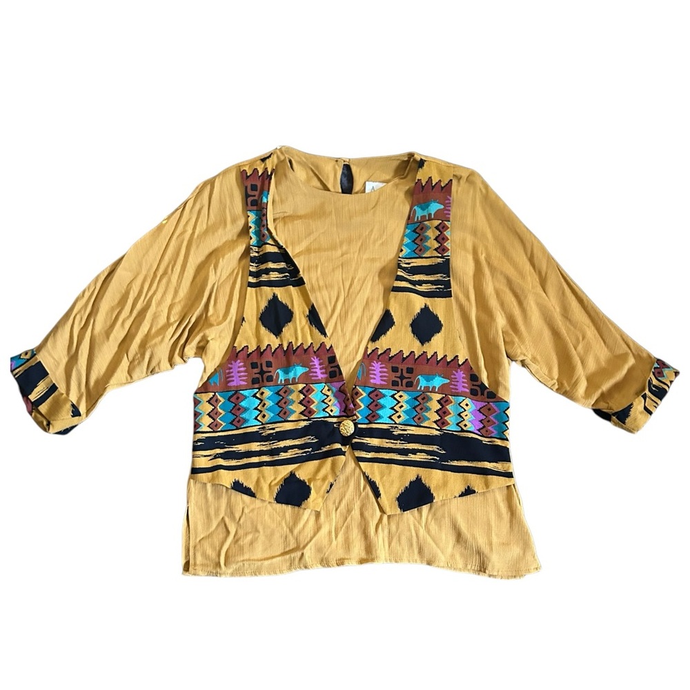 Vintage 90s Southwestern 2-in-1 Blouse Vest Top Boho Aztec Artsy Art to Wear S